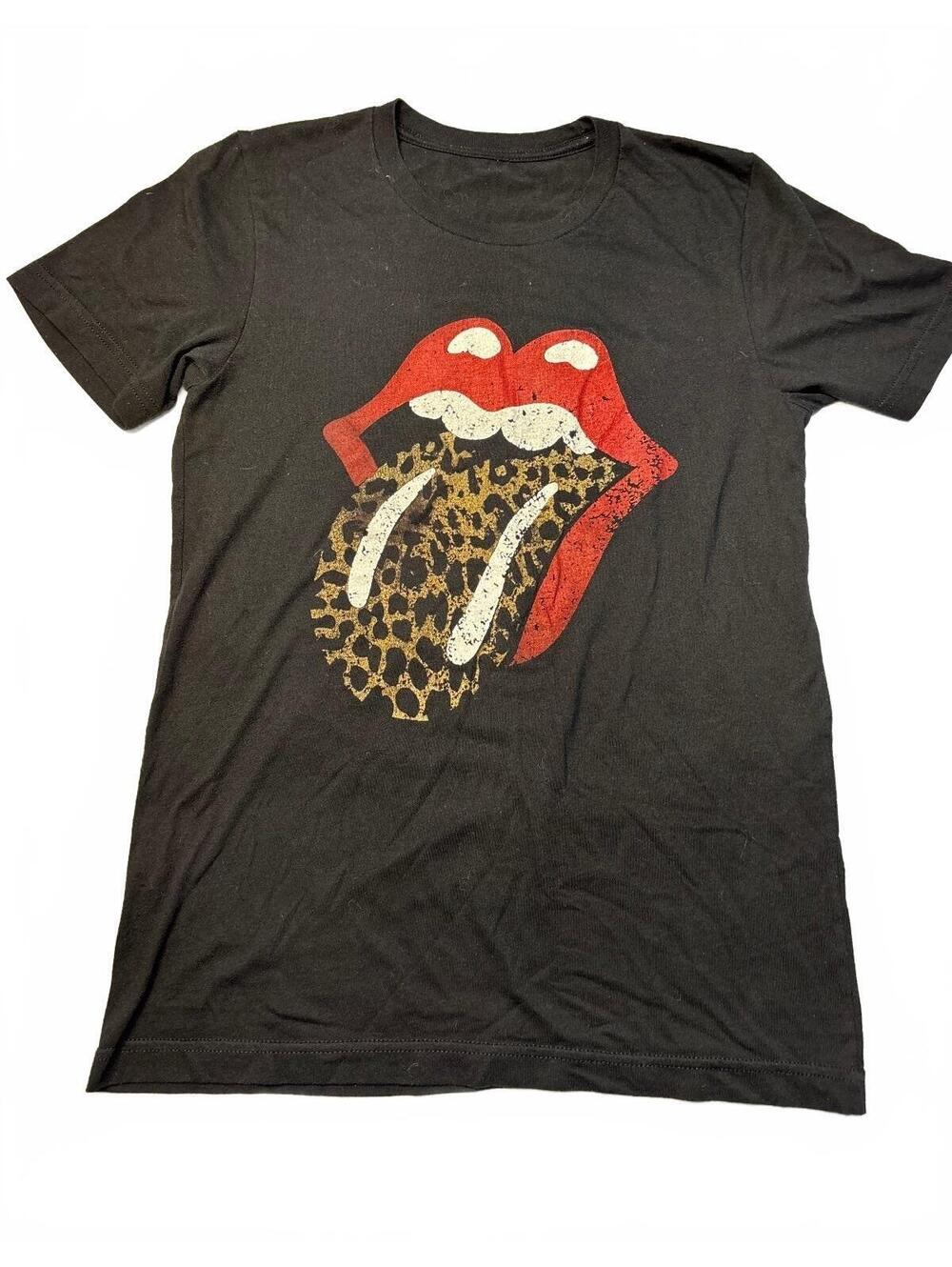 Black Graphic T-Shirt with Red Lips and Leopard Print Tongue